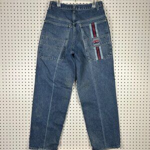 Boss Double Knee Y2K Jeans 32x34 Streetwear Embroidered Distressed Logo Blue 90s